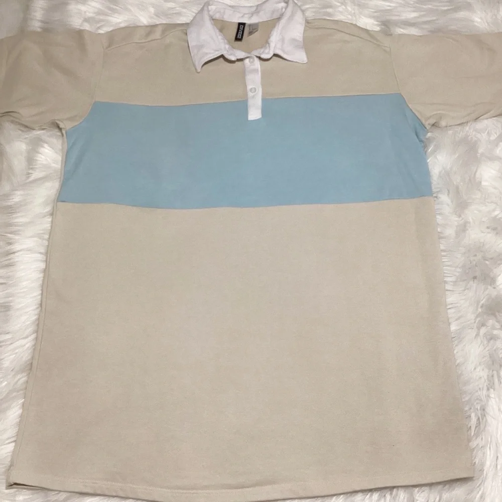 H&M Divided Skyblue Cream Retro Cotton Polo Shirt Collared Short Sleeves Top - Picture 1 of 4